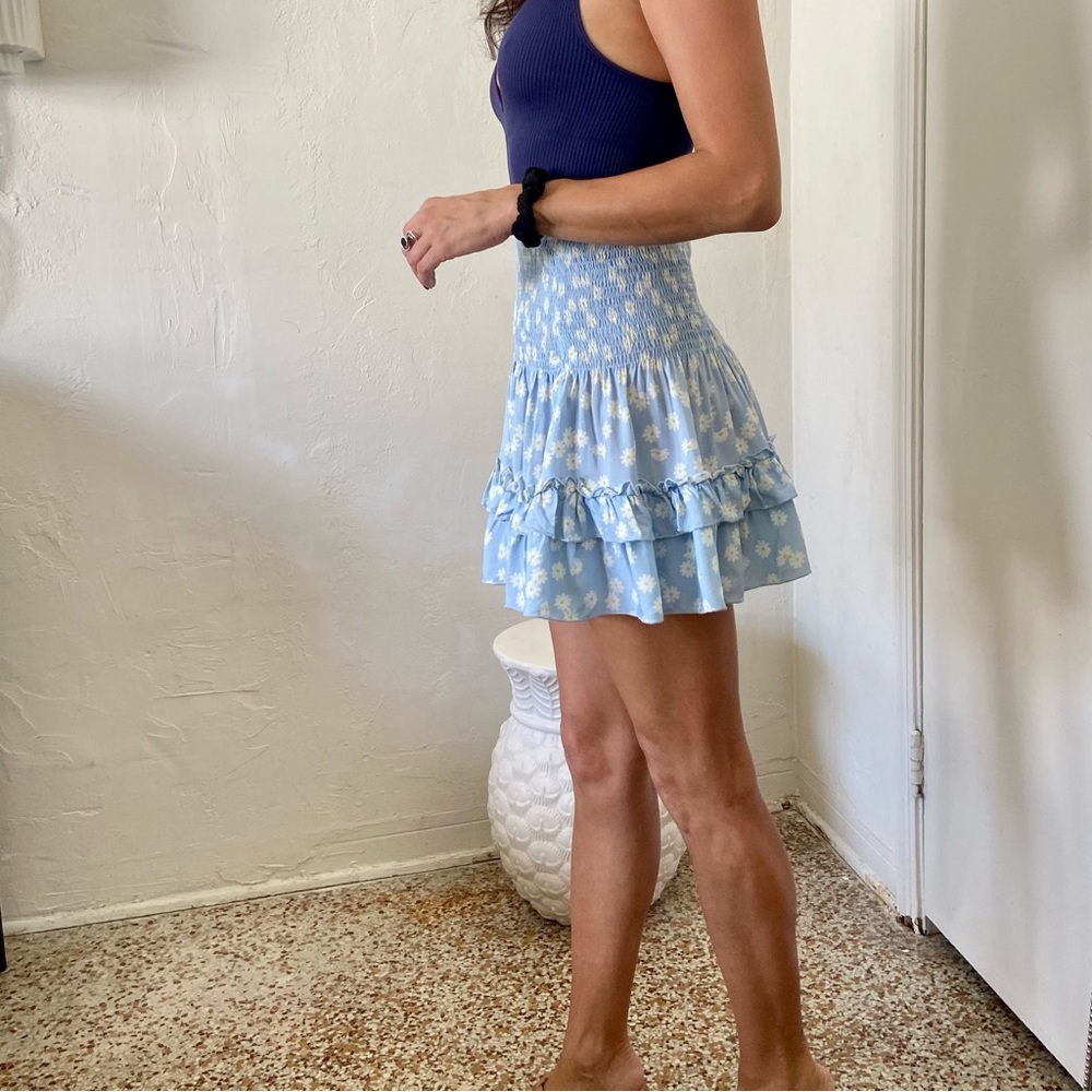 Princess Polly Light Blue Ditsy Floral Daisy Smocked Ruffle Hem Mini Skirt | 2